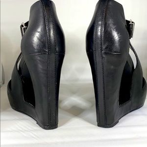 BCBGeneration leather open toe wedge.